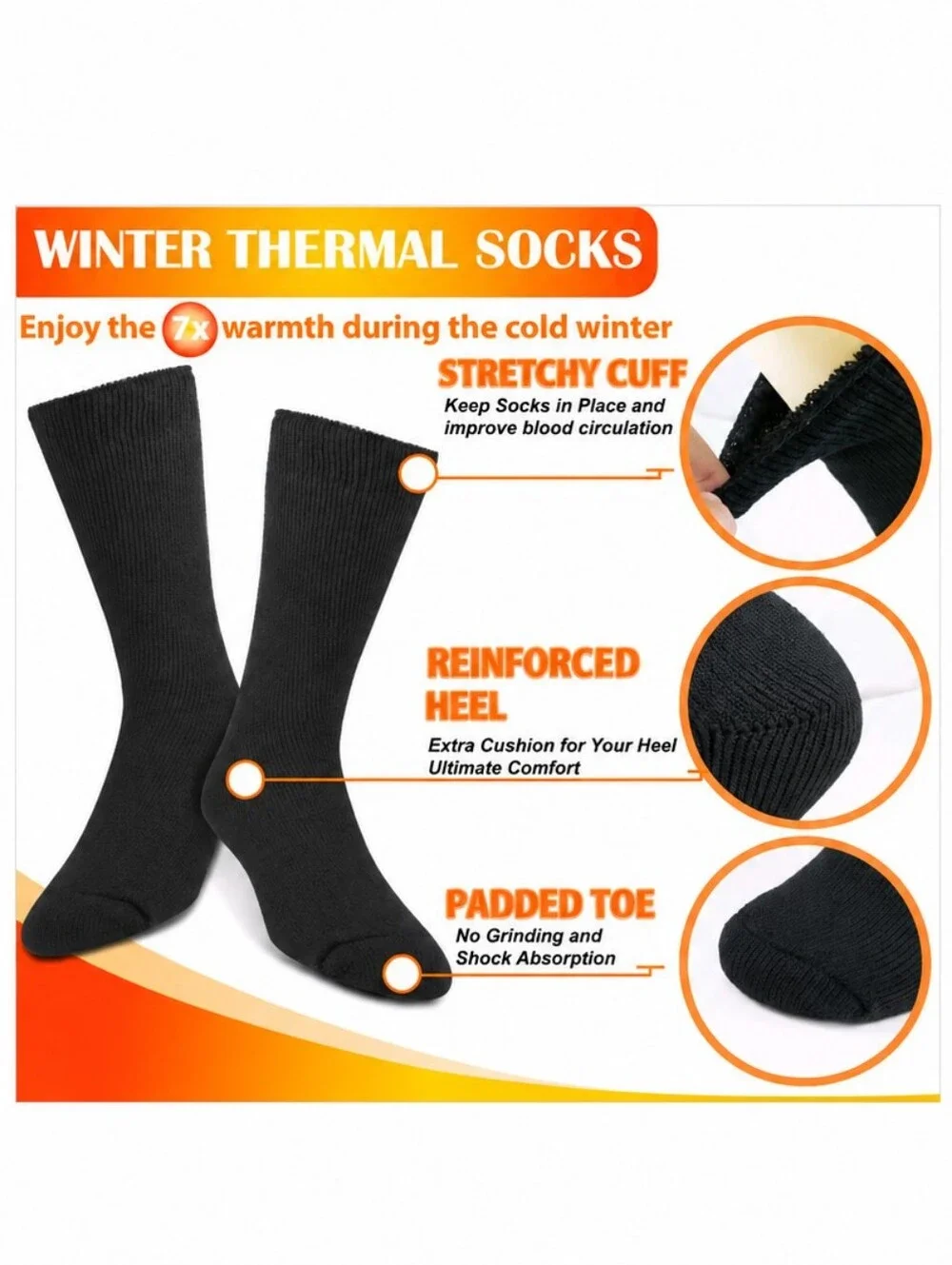 6 Pairs Men’s Winter Thermal Socks Heavy Warm Cold Weather Crew Socks Size 10-13